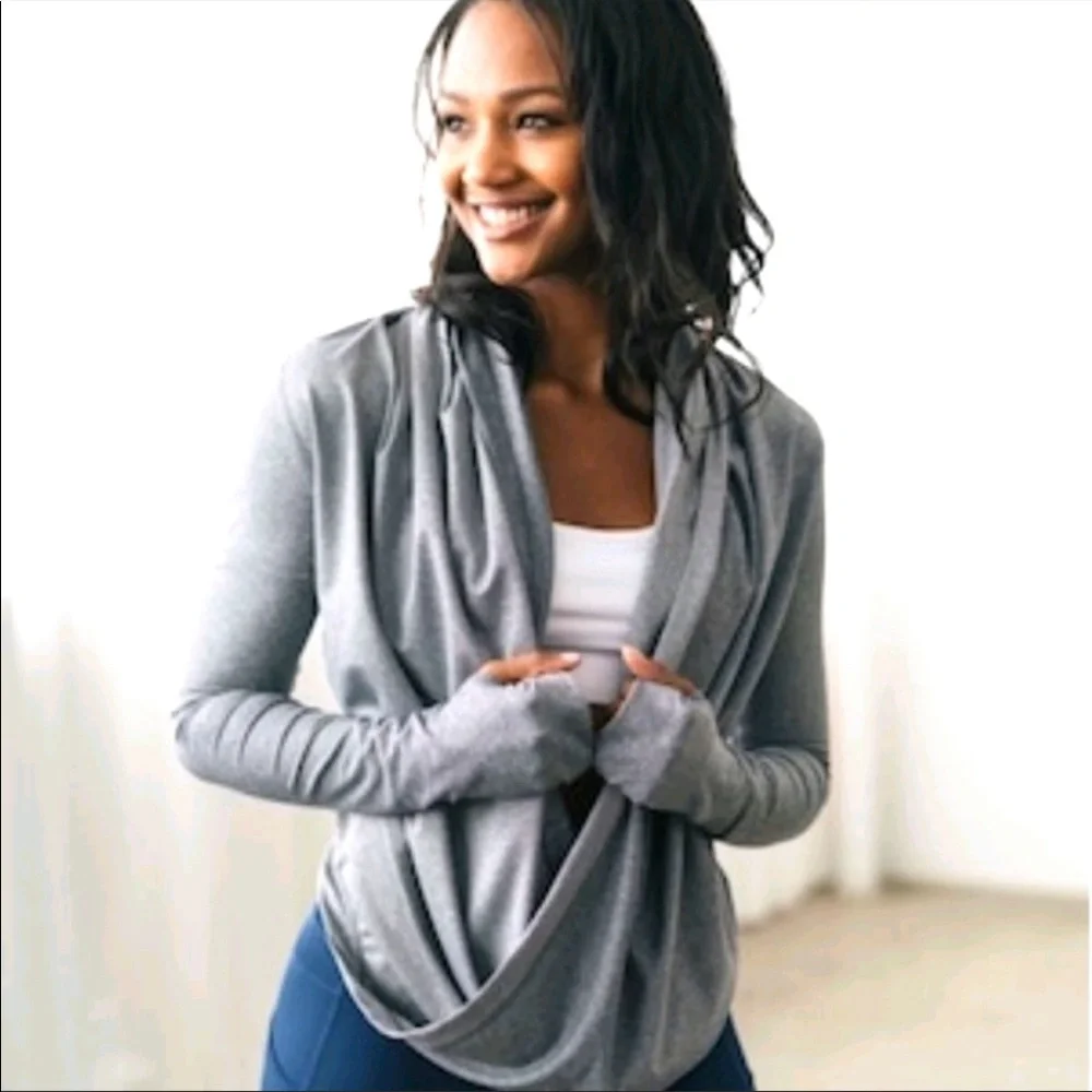 SOLD ZYIA Active Haze Yoga Wrap Hooded Gray Shawl - Picture 1 of 15